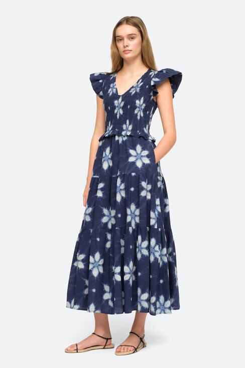 Sea New York Dresses & Skirts - SEA Isla Midi Dress Navy Print Smocked Cotton Peasant Flutter Sleeve Women's 4